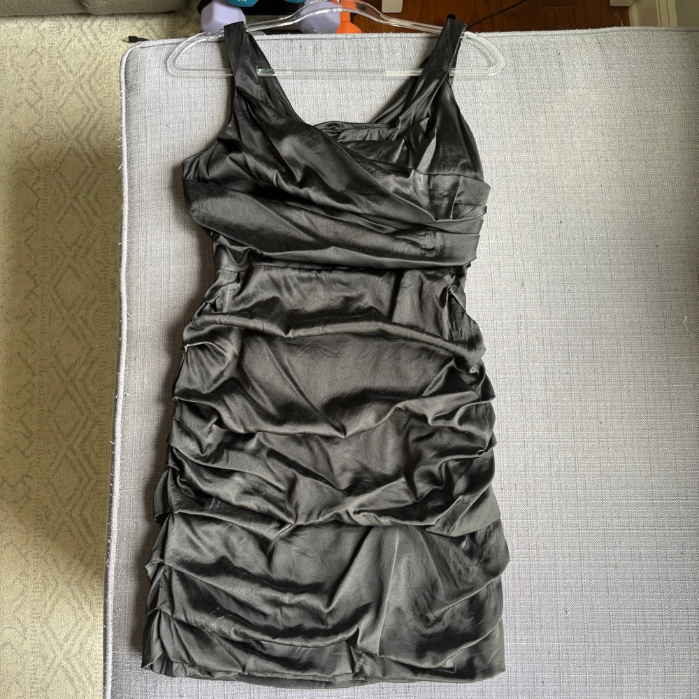 Express Satin Draped Neck Ruched Black Dress